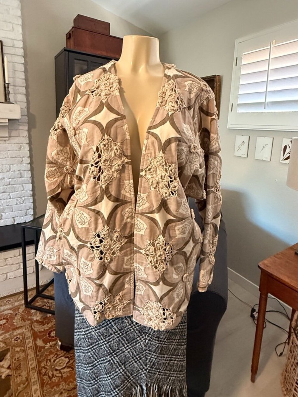 Lim's Boho Style patchwork and hand crochet rosetts on cotton lined over coat